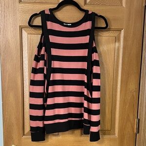 Striped Black and Salmon Cold Shoulder Top